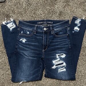 American Eagle Outfitters Women's Dark Blue Distressed Hi-Rise Jegging Crop